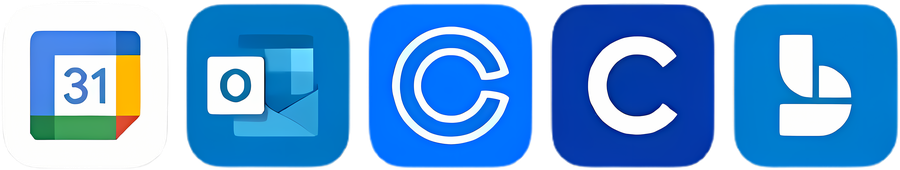 Google Calendar, Outlook Calendar, Calendly, Cal.com, Acuity, Google Meet, Zoom, and Microsoft Teams logos