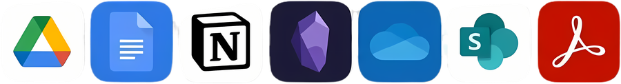 Google Drive, Google Docs, Dropbox, OneDrive, SharePoint, PDF, Word, Notion, Obsidian, and Airtable logos