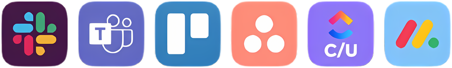 Slack, Microsoft Teams, Trello, Asana, ClickUp, and Monday logos