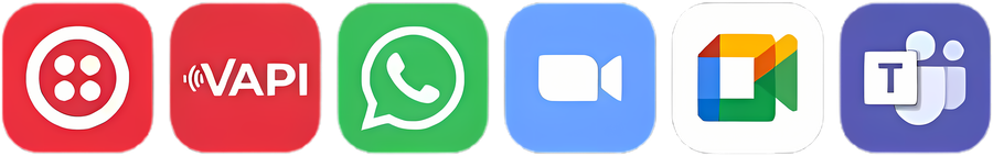 Twilio, Vapi, WhatsApp, Zoom, Google Meet, and Microsoft Teams logos